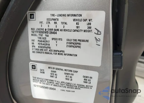 1998 Chevrolet Corvette из США, поврежденный, VIN 1G1YY32G0W5126404